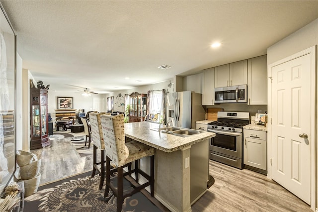 4338 Tulip Oak Dr, Houston, TX 77068 - kitchen featuring stainless steel appliances, light wood finished floors, a center island with sink, light countertops, and gray cabinetry