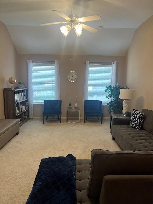 15415 Longhorn Cavern Dr, Sugar Land, TX 77498 - carpeted living room with lofted ceiling and ceiling fan