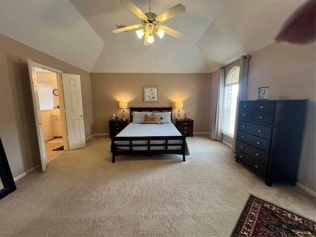 15415 Longhorn Cavern Dr, Sugar Land, TX 77498 - bedroom featuring vaulted ceiling, light colored carpet, and ceiling fan