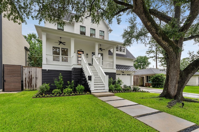 1114 Grovewood Ln, Houston, TX 77008 - view of front of property featuring stairway, a ceiling fan, a porch, concrete driveway, and an attached garage
