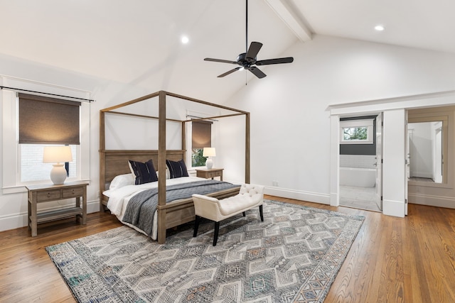 1114 Grovewood Ln, Houston, TX 77008 - bedroom featuring beamed ceiling, wood finished floors, high vaulted ceiling, ensuite bath, and recessed lighting