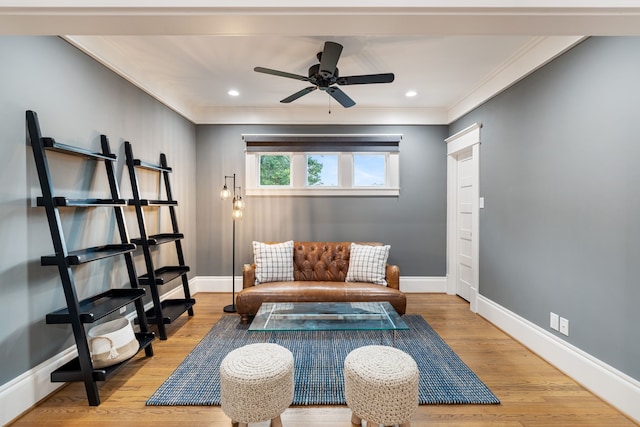 1114 Grovewood Ln, Houston, TX 77008 - sitting room with crown molding, a ceiling fan, wood finished floors, and recessed lighting