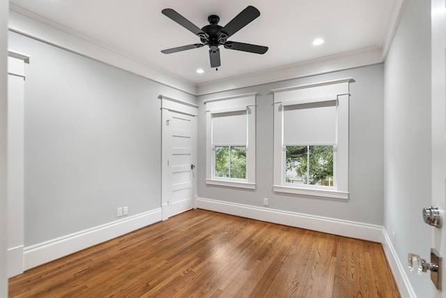 1114 Grovewood Ln, Houston, TX 77008 - unfurnished room with ornamental molding, wood finished floors, ceiling fan, and recessed lighting