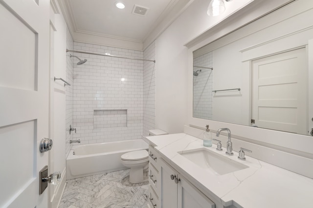 1114 Grovewood Ln, Houston, TX 77008 - full bathroom featuring vanity,  shower combination, crown molding, recessed lighting, and marble look tile flooring