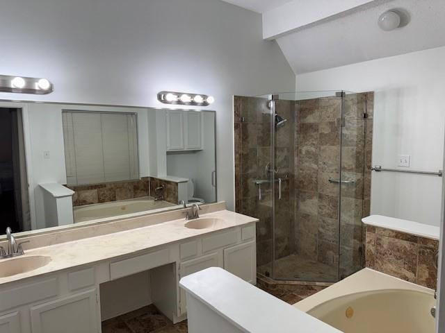 4418 Treasure Trl, Sugar Land, TX 77479 - bathroom with a bath, a shower stall, and double vanity