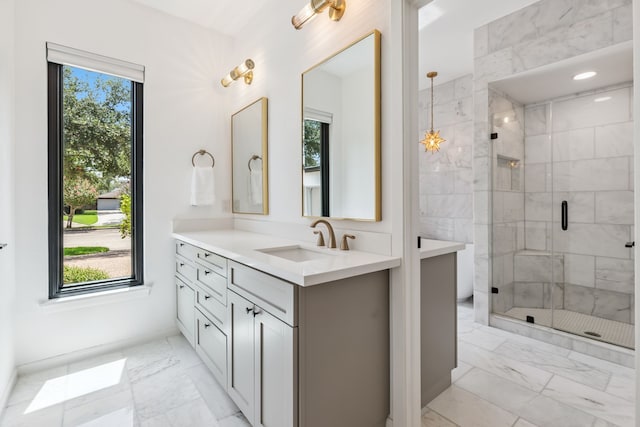 506 Fox Briar Ln, Sugar Land, TX 77478 - full bathroom featuring marble finish flooring, vanity, and a shower stall