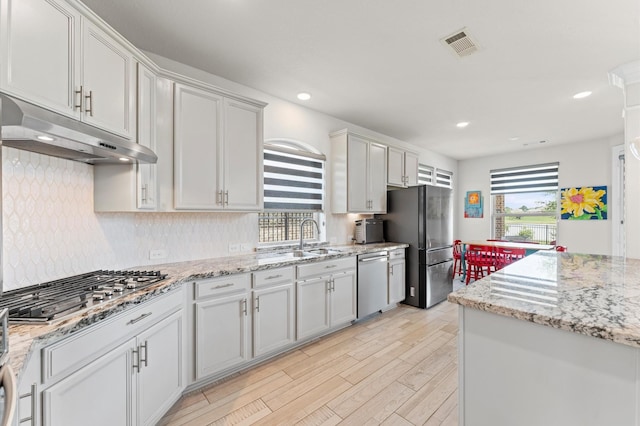 32647 Turning Springs Dr, Fulshear, TX 77423 - kitchen with under cabinet range hood, stainless steel appliances, tasteful backsplash, light wood-style flooring, and recessed lighting