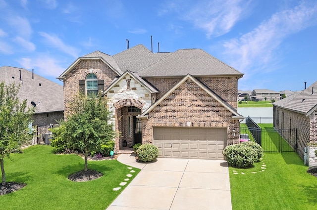 32647 Turning Springs Dr, Fulshear, TX 77423 - french country inspired facade featuring brick siding, driveway, a garage, and a shingled roof