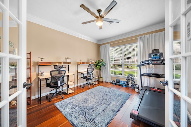 12702 Eagle Ledge Ln, Tomball, TX 77377 - home office with french doors, ceiling fan, ornamental molding, and wood finished floors