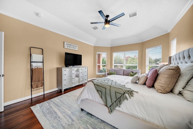 12702 Eagle Ledge Ln, Tomball, TX 77377 - bedroom featuring dark wood-style flooring, ornamental molding, and a ceiling fan
