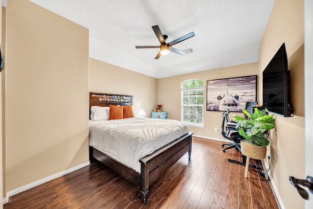 12702 Eagle Ledge Ln, Tomball, TX 77377 - bedroom featuring wood finished floors, lofted ceiling, and a ceiling fan