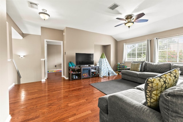 5403 Winlock Trace Ct, Katy, TX 77450 - living area with wood finished floors, ceiling fan, and lofted ceiling