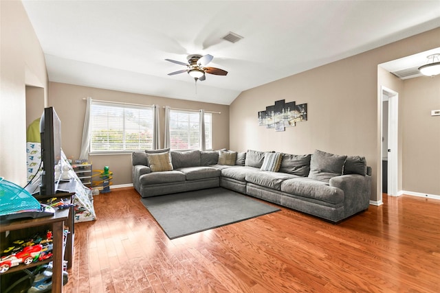 5403 Winlock Trace Ct, Katy, TX 77450 - living room with a ceiling fan, wood finished floors, and vaulted ceiling
