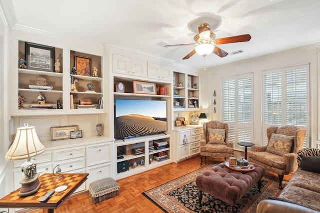 6230 Pebble Beach Dr, Houston, TX 77069 - living room featuring ornamental molding, ceiling fan, and built in features
