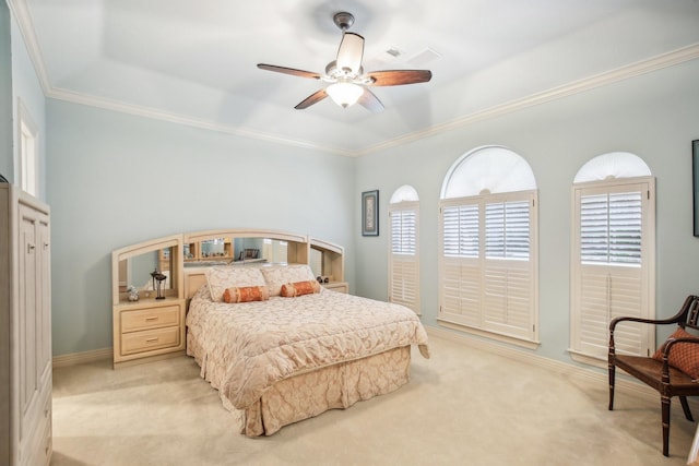 6230 Pebble Beach Dr, Houston, TX 77069 - bedroom with light carpet, multiple windows, crown molding, and ceiling fan
