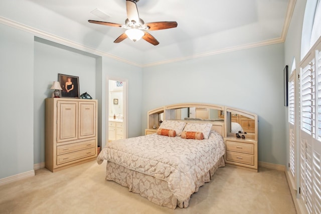 6230 Pebble Beach Dr, Houston, TX 77069 - bedroom featuring light carpet, multiple windows, ornamental molding, and a ceiling fan