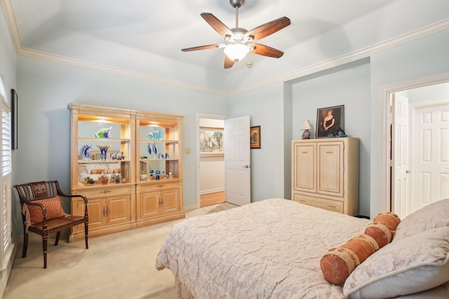 6230 Pebble Beach Dr, Houston, TX 77069 - bedroom featuring light colored carpet, ornamental molding, and a ceiling fan