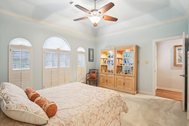 6230 Pebble Beach Dr, Houston, TX 77069 - carpeted bedroom featuring crown molding, a ceiling fan, and a raised ceiling