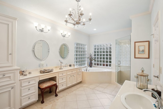6230 Pebble Beach Dr, Houston, TX 77069 - full bathroom with double vanity, tile patterned floors, a garden tub, a stall shower, and crown molding