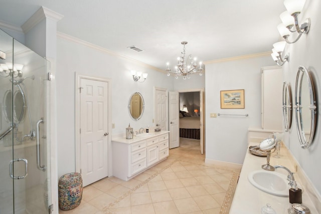 6230 Pebble Beach Dr, Houston, TX 77069 - ensuite bathroom with crown molding, double vanity, tile patterned floors, inlaid floor details, and a chandelier