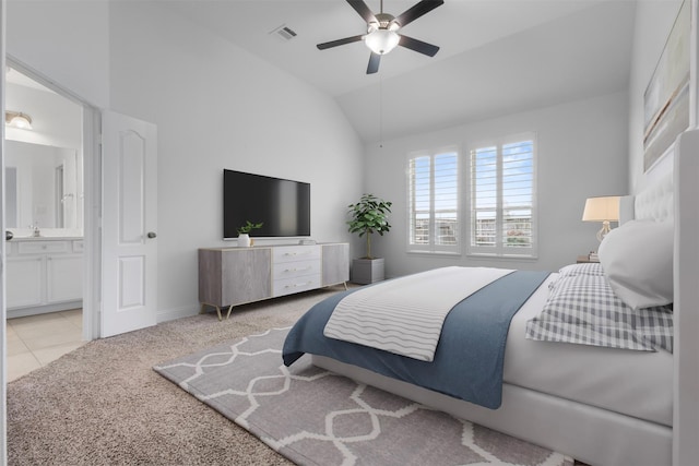 20123 Cascading Falls Blvd, Cypress, TX 77433 - bedroom with lofted ceiling, carpet, ensuite bath, and ceiling fan
