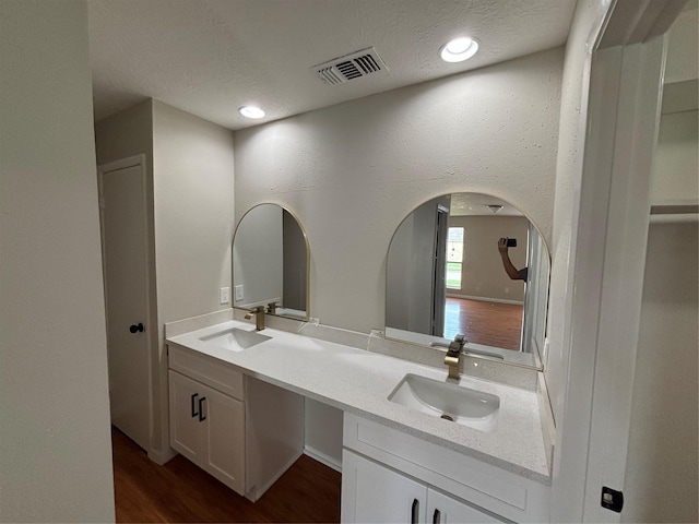 10719 Bellfair Dr, Houston, TX 77072 - full bathroom with double vanity, wood finished floors, recessed lighting, and a textured ceiling