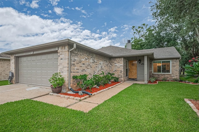 3407 Hillstone Dr, Sugar Land, TX 77479 - ranch-style home featuring a garage, concrete driveway, brick siding, a front yard, and roof with shingles