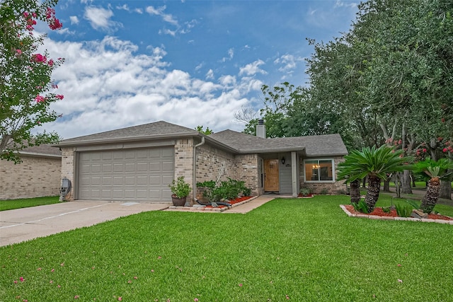 3407 Hillstone Dr, Sugar Land, TX 77479 - ranch-style house with concrete driveway, an attached garage, a front yard, brick siding, and a chimney