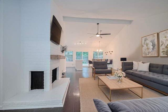 3407 Hillstone Dr, Sugar Land, TX 77479 - living room featuring a ceiling fan, a chandelier, dark wood finished floors, a brick fireplace, and beamed ceiling