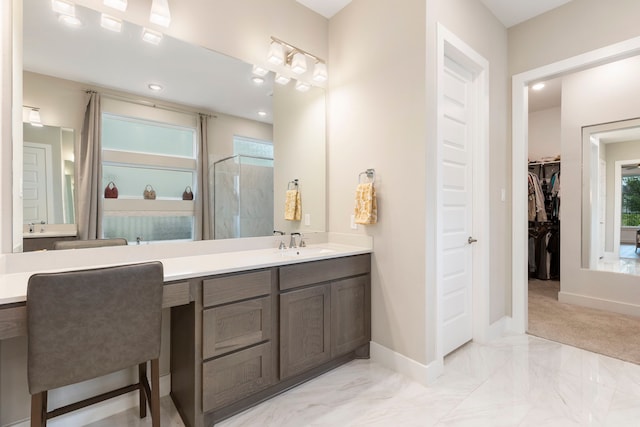 11111 Heartleaf Aster Way, Cypress, TX 77433 - full bathroom with a shower stall, a spacious closet, vanity, marble finish floors, and recessed lighting