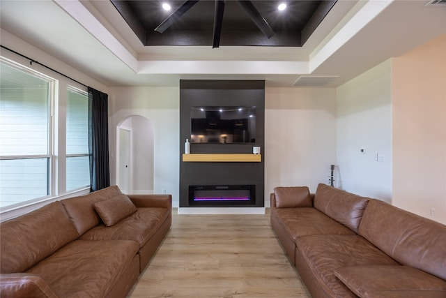1000 Denson Allen Rd, Coldspring, TX 77331 - living room featuring light wood-style flooring, arched walkways, a glass covered fireplace, and a raised ceiling