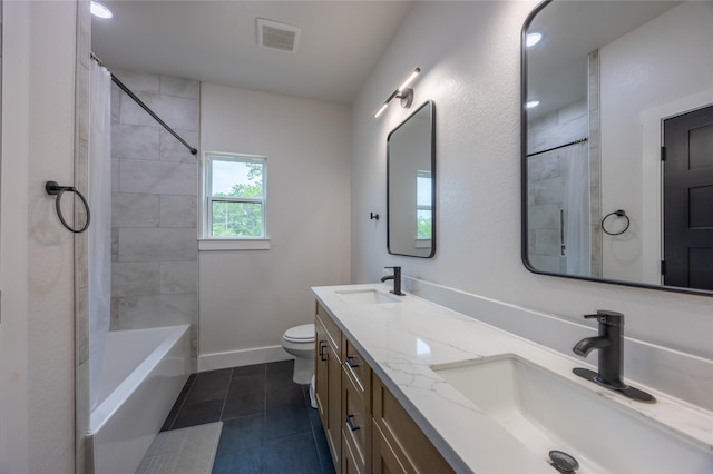 1000 Denson Allen Rd, Coldspring, TX 77331 - full bathroom featuring double vanity, tile patterned floors, and shower / bathtub combination with curtain