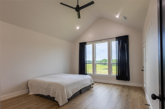 1000 Denson Allen Rd, Coldspring, TX 77331 - bedroom featuring vaulted ceiling, wood finished floors, recessed lighting, and ceiling fan