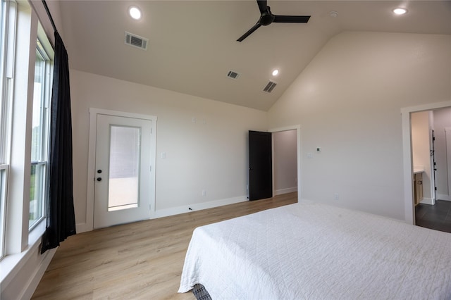 1000 Denson Allen Rd, Coldspring, TX 77331 - bedroom with high vaulted ceiling, light wood-style floors, recessed lighting, and ceiling fan