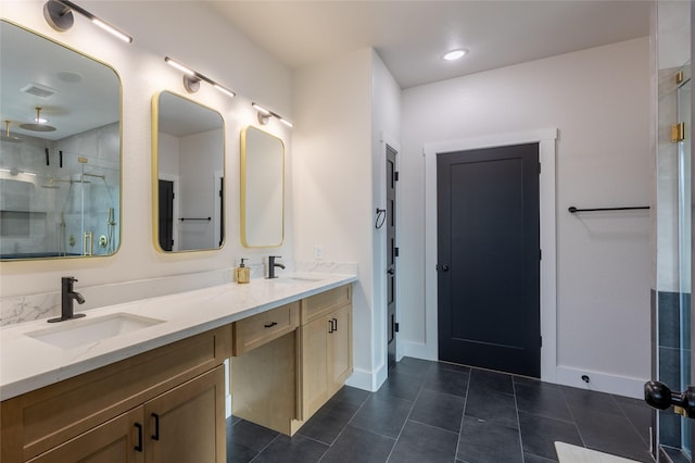 1000 Denson Allen Rd, Coldspring, TX 77331 - full bath with a stall shower, double vanity, and tile patterned floors