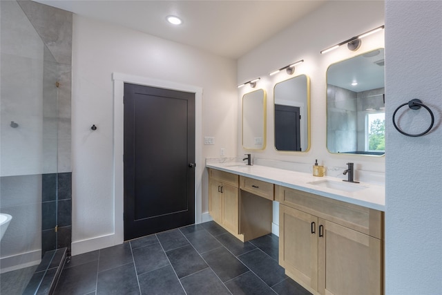 1000 Denson Allen Rd, Coldspring, TX 77331 - full bathroom with double vanity, walk in shower, and tile patterned flooring