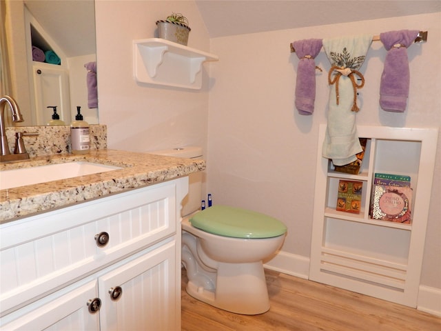 110 Pelican Pl, Surfside Beach, TX 77541 - bathroom featuring wood finished floors, vanity, and vaulted ceiling