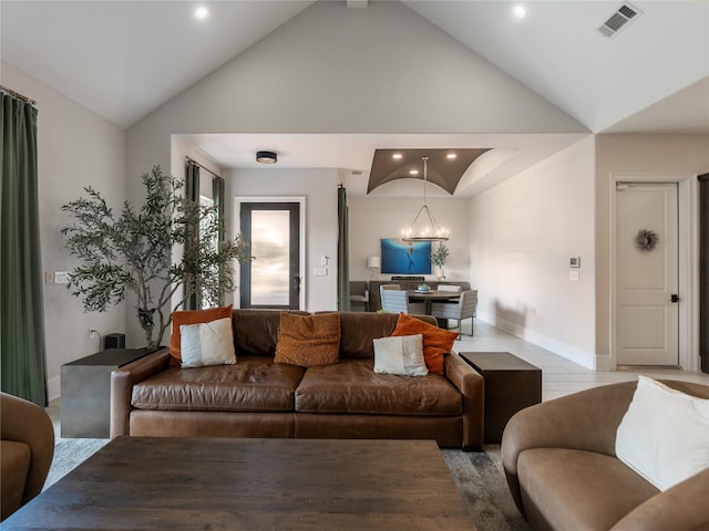 18114 Rainwater Creek Ln, Cypress, TX 77433 - living area featuring high vaulted ceiling, a chandelier, and recessed lighting