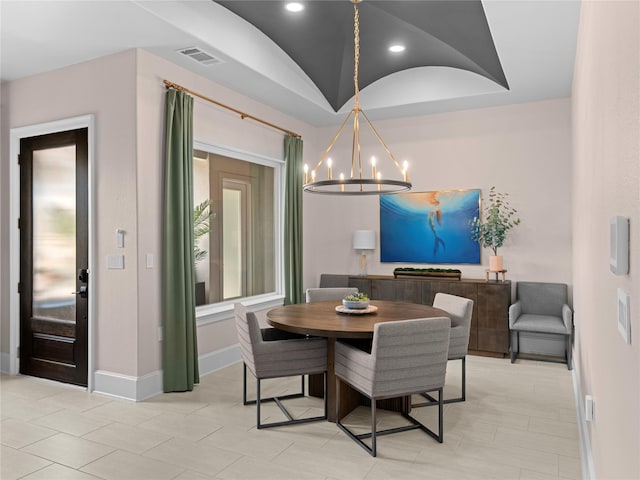 18114 Rainwater Creek Ln, Cypress, TX 77433 - dining room featuring a chandelier, vaulted ceiling, and recessed lighting