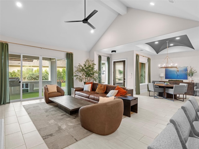 18114 Rainwater Creek Ln, Cypress, TX 77433 - living room with high vaulted ceiling, a ceiling fan, a chandelier, beam ceiling, and recessed lighting