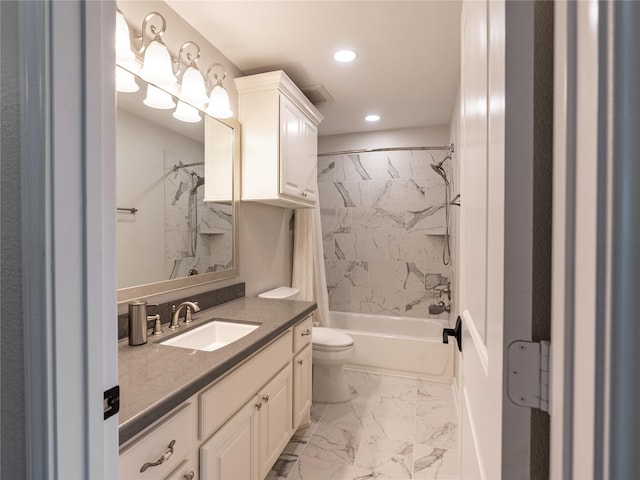 18114 Rainwater Creek Ln, Cypress, TX 77433 - full bath featuring vanity, recessed lighting, marble finish floors, and tub / shower combination