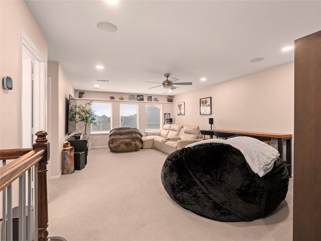 18114 Rainwater Creek Ln, Cypress, TX 77433 - carpeted living room featuring ceiling fan and recessed lighting