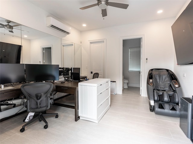 18114 Rainwater Creek Ln, Cypress, TX 77433 - office with a wall mounted air conditioner, a ceiling fan, light tile patterned floors, and recessed lighting