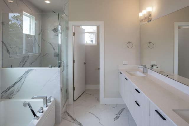 5404 Mulvey St, Houston, TX 77020 - bathroom featuring plenty of natural light, double vanity, a marble finish shower, marble finish floors, and recessed lighting
