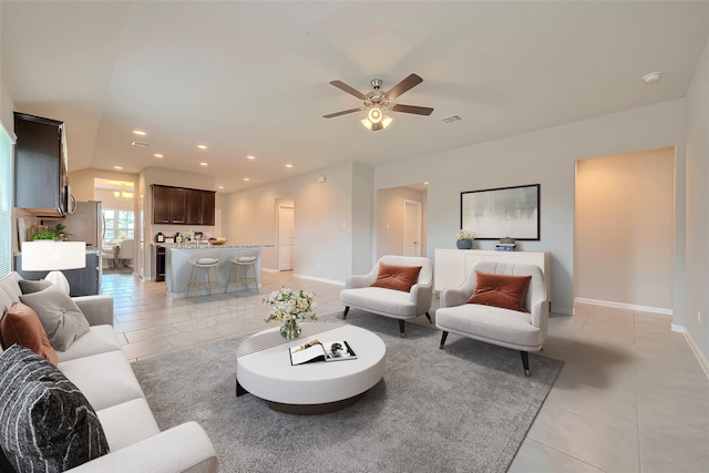 3227 Zephyr Park Ln, Katy, TX 77494 - living room with light tile patterned floors, ceiling fan, and recessed lighting