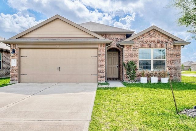 3227 Zephyr Park Ln, Katy, TX 77494 - ranch-style home with brick siding, a front lawn, a garage, and driveway