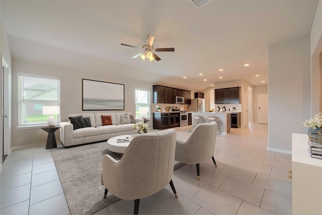 3227 Zephyr Park Ln, Katy, TX 77494 - living area with ceiling fan, light tile patterned flooring, and recessed lighting