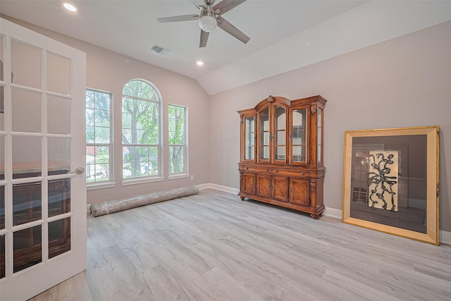 6507 Pinewood Trace Ln, Houston, TX 77041 - unfurnished living room with a ceiling fan, light wood-type flooring, vaulted ceiling, and recessed lighting