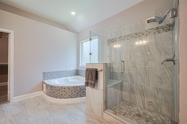 6507 Pinewood Trace Ln, Houston, TX 77041 - bathroom with lofted ceiling, a garden tub, a stall shower, marble finish flooring, and recessed lighting