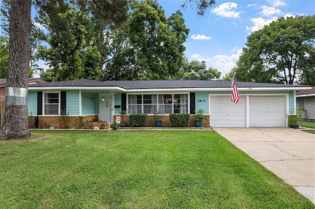2801 John St, La Marque, TX 77568 - ranch-style home with an attached garage, brick siding, a front yard, driveway, and roof with shingles